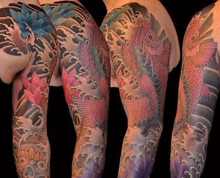 新传统胳膊鲤鱼嘎巴拉荷花纹身图案