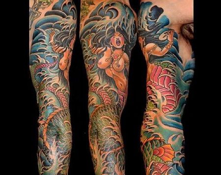 新传统胳膊美人鱼龙纹身图案