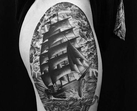 New School大腿帆船纹身图案