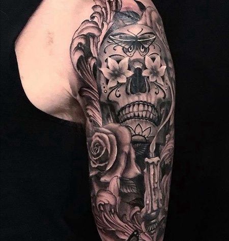 写实大臂骷髅蜡烛玫瑰纹身图案
