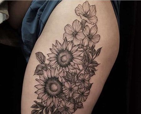 点线大腿向日葵花卉纹身图案