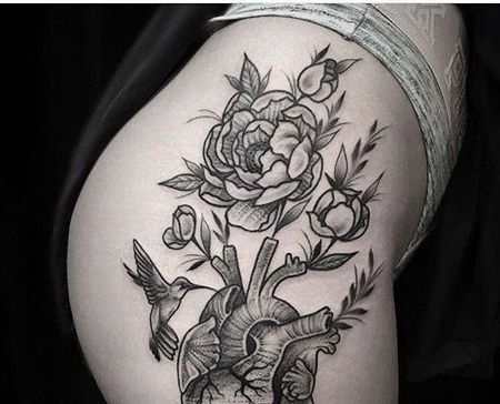 Old School小腿心脏玫瑰纹身图案