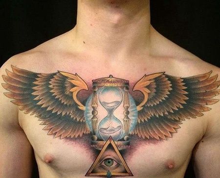 New School前胸沙漏翅膀眼睛纹身图案