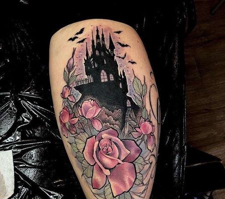 New School小腿玫瑰建筑纹身图案