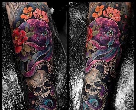 New School小臂章鱼骷髅纹身图案