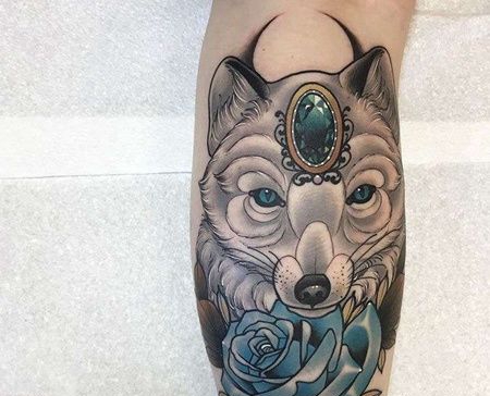 New School小腿狼玫瑰纹身图案