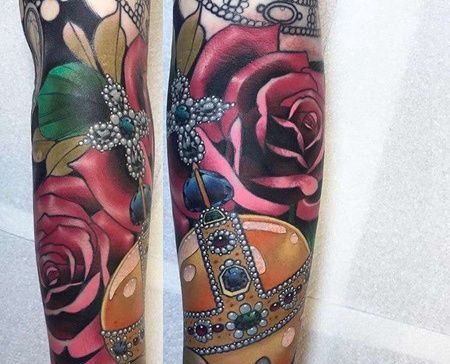 New School小臂玫瑰宝石纹身图案
