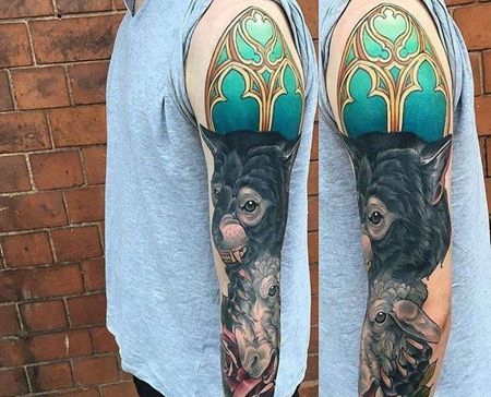 New School胳膊狼羊玫瑰纹身图案