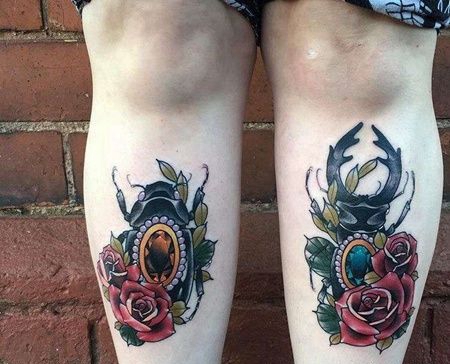 New School小腿甲虫玫瑰纹身图案