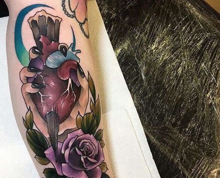 New School小腿手心脏玫瑰纹身图案