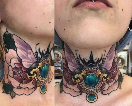 New School脖子甲虫牡丹纹身图案
