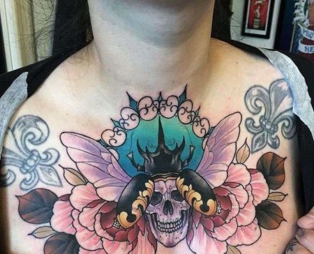 New School前胸牡丹甲虫纹身图案