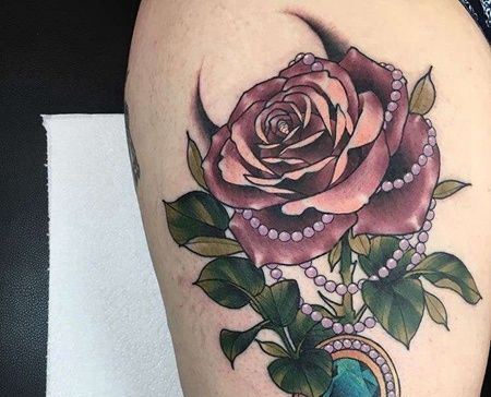 New School大腿玫瑰宝石纹身图案
