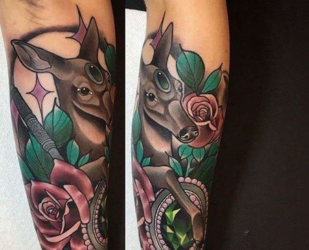 New School小臂鹿玫瑰宝石纹身图案