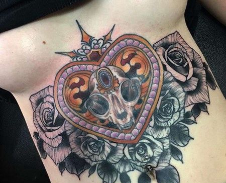 New School腹部心骷髅纹身图案