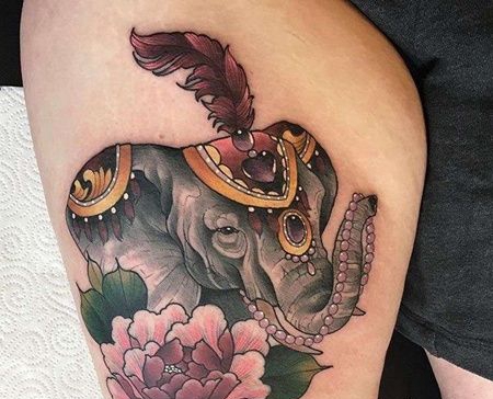 New School大腿大象牡丹纹身图案