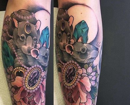 New School小腿老鼠宝石纹身图案
