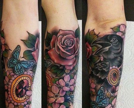 New School小臂乌鸦玫瑰宝石纹身图案