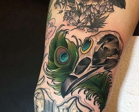 New School大腿骷髅羽毛纹身图案