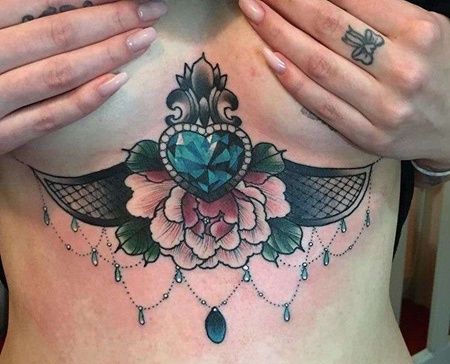 New School腹部宝石心牡丹纹身图案