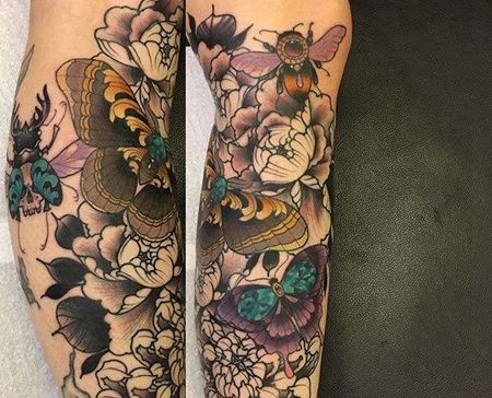 New School小腿牡丹蝴蝶菊花纹身图案