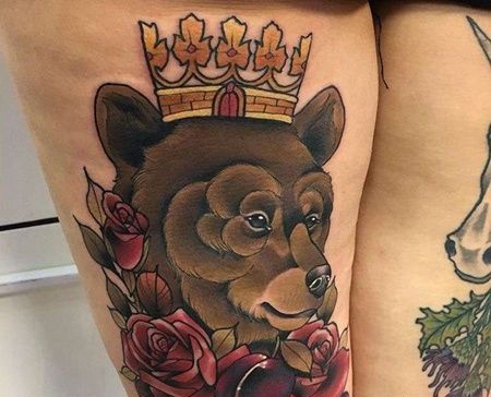New School大腿熊玫瑰纹身图案