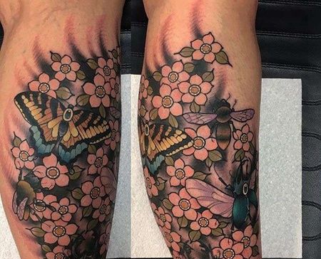 New School小腿蝴蝶甲虫蜜蜂花卉纹身图案