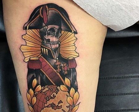 New School大腿骷髅地球仪纹身图案