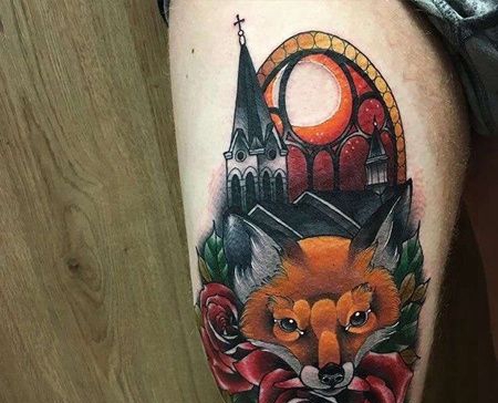 New School大腿狐狸建筑玫瑰纹身图案