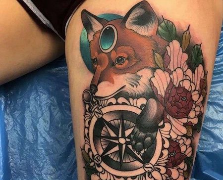 New School大腿狐狸牡丹指南针纹身图案