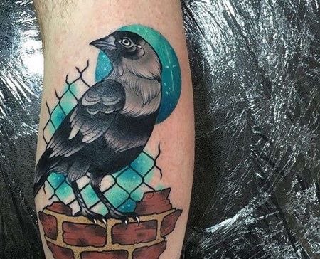 New School小腿乌鸦纹身图案