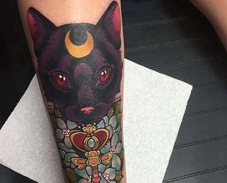 New School小腿猫花卉仙女棒纹身图案