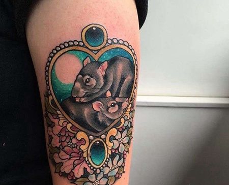 New School大臂老鼠心花卉纹身图案