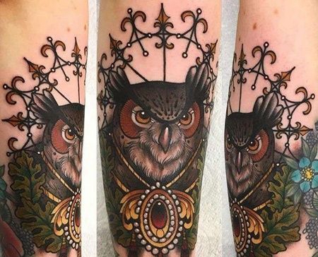 New School小腿猫头鹰纹身图案
