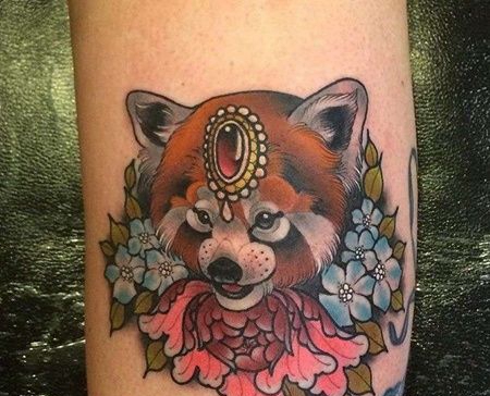 New School小腿浣熊牡丹纹身图案