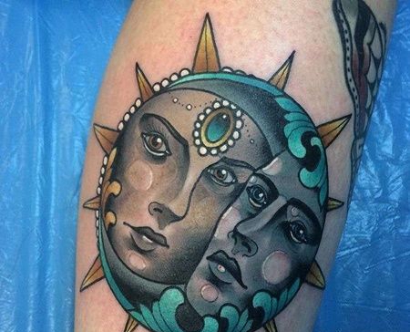 New School小腿太阳月亮纹身图案