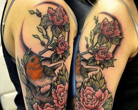 New School胳膊花卉鸟纹身图案