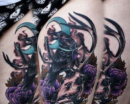 New School大腿乌鸦骷髅纹身图案