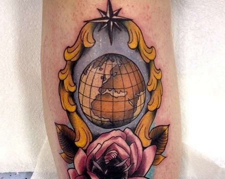New School小腿地球仪玫瑰纹身图案