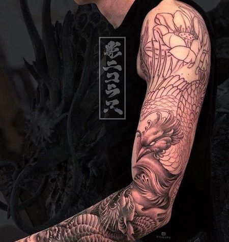 新传统胳膊凤凰龙纹身图案
