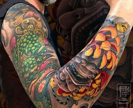 新传统胳膊唐狮纹身图案
