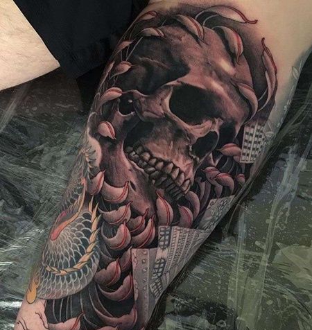 写实大腿骷髅纹身图案