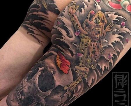 新传统大腿青蛙骷髅纹身图案