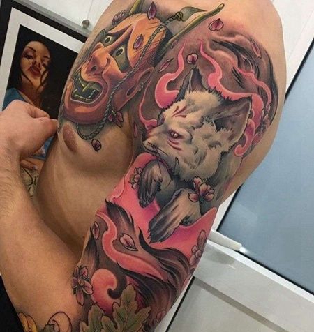 新传统大臂狐狸纹身图案