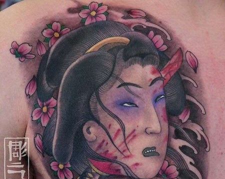 新传统后肩生首纹身图案