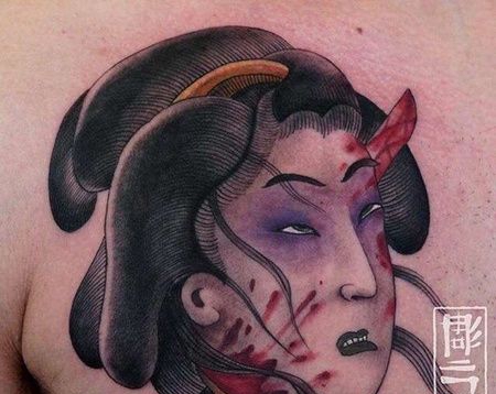 新传统前胸生首纹身图案