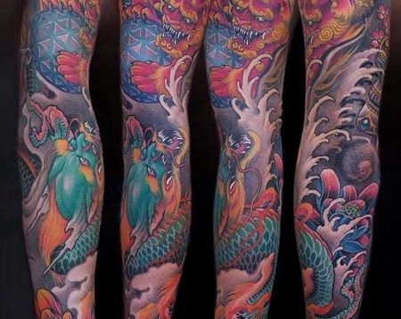 新传统胳膊唐狮龙纹身图案