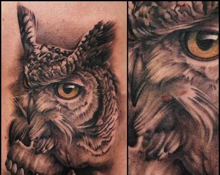 写实前胸猫头鹰骷髅纹身图案