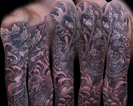 新传统胳膊唐狮龙武士纹身图案