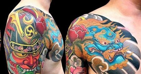 日式大臂前胸鬼武士唐狮纹身图案